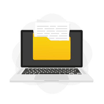 Laptop with document files, digital text file for internet. Vector illustration