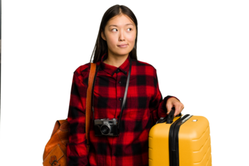 Traveler asian woman holding a suitcase isolated confused, feels doubtful and unsure.