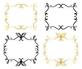 Linear hand drawn frames and wreaths, black and gold. Festive frame for invitation, wedding cards, monogram. linear geometric frame, golden frame, floral border and wreath
