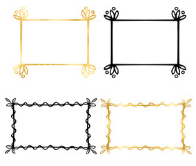 Linear hand drawn frames and wreaths, black and gold. Festive frame for invitation, wedding cards, monogram. linear geometric frame, golden frame, floral border and wreath