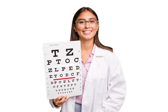 Young caucasian oculist woman isolated laughing and having fun.