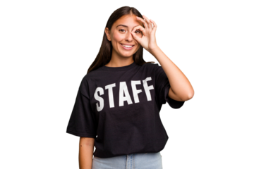 Young caucasian staff woman isolated excited keeping ok gesture on eye.