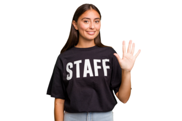 Young caucasian staff woman isolated smiling cheerful showing number five with fingers.