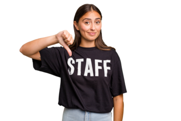 Young caucasian staff woman isolated showing a dislike gesture, thumbs down. Disagreement concept.