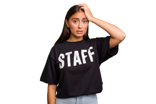 Young caucasian staff woman isolated being shocked, she has remembered important meeting.