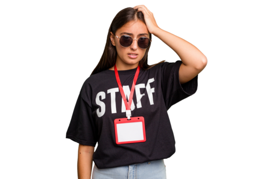 Young caucasian staff woman wearing a badge isolated being shocked, she has remembered important meeting.