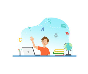 Online school education kids study concept happy boy with laptop flat illustration