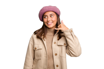 Young caucasian woman wearing winter jacket isolated showing a mobile phone call gesture with fingers.