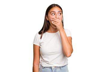 Young cute caucasian woman isolated thoughtful looking to a copy space covering mouth with hand.