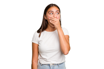 Young cute caucasian woman isolated thoughtful looking to a copy space covering mouth with hand.