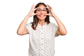 Young cute caucasian woman isolated keeping eyes opened to find a success opportunity.