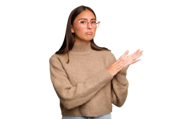 Young cute caucasian woman isolated feeling energetic and comfortable, rubbing hands confident.