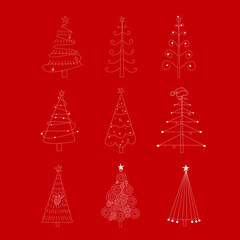 Hand drawn Christmas decoration tree set. Merry christmas tree doodle icon set. Vector illustration, red background.