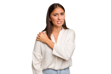 Young cute caucasian woman isolated having a shoulder pain.