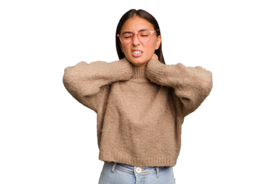 Young cute caucasian woman isolated suffering neck pain due to sedentary lifestyle.