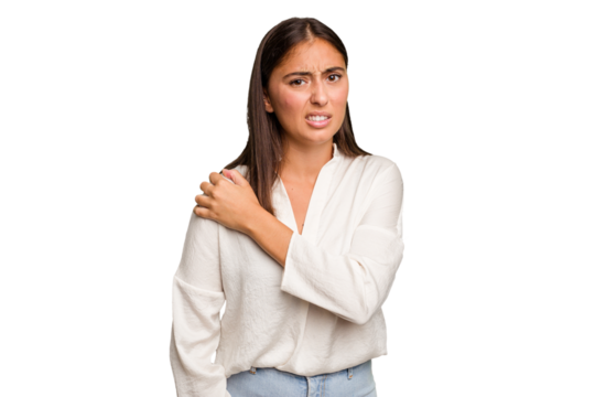 Young cute caucasian woman isolated having a shoulder pain.