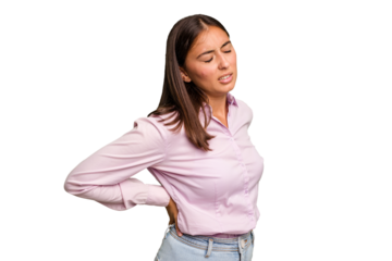 Young cute caucasian woman isolated suffering a back pain.