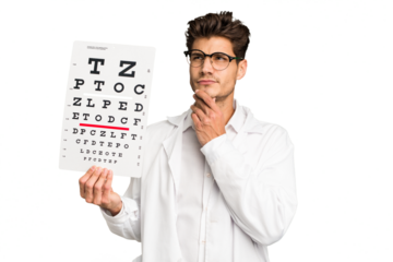 Young caucasian oculist man isolated looking sideways with doubtful and skeptical expression.