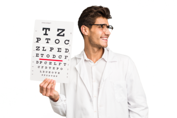 Young caucasian oculist man isolated looks aside smiling, cheerful and pleasant.