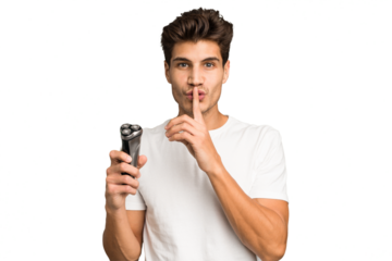 Young caucasian man holding a razor isolated keeping a secret or asking for silence.