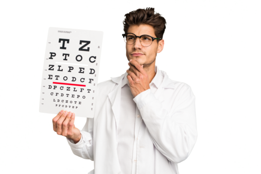 Young caucasian oculist man isolated looking sideways with doubtful and skeptical expression.