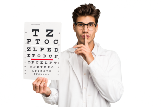 Young caucasian oculist man isolated keeping a secret or asking for silence.