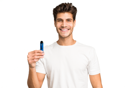Young caucasian man holding an electronic cigarette isolated happy, smiling and cheerful.