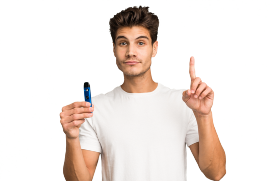 Young caucasian man holding an electronic cigarette isolated showing number one with finger.