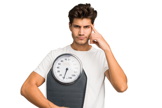 Young caucasian man holding a scale isolated pointing temple with finger, thinking, focused on a task.