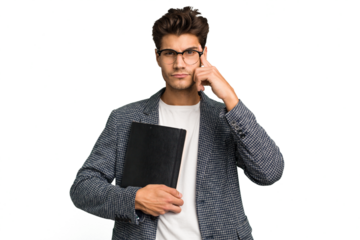 Young teacher caucasian man holding a book isolated pointing temple with finger, thinking, focused on a task.
