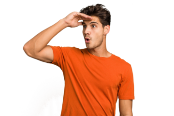 Young caucasian handsome man isolated looking far away keeping hand on forehead.