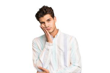 Young caucasian handsome man isolated who is bored, fatigued and need a relax day.