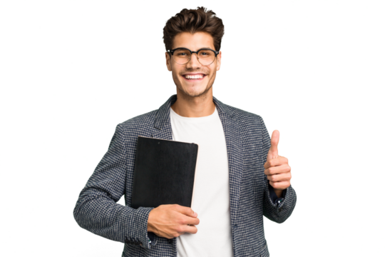 Young teacher caucasian man holding a book isolated smiling and raising thumb up
