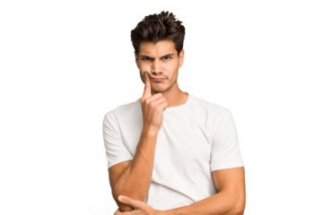 Young caucasian handsome man isolated unhappy looking in camera with sarcastic expression.