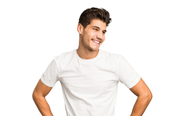 Young caucasian handsome man isolated laughs happily and has fun keeping hands on stomach.