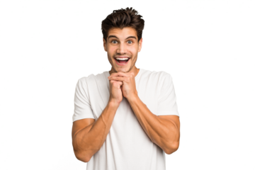 Young caucasian handsome man isolated praying for luck, amazed and opening mouth looking to front.