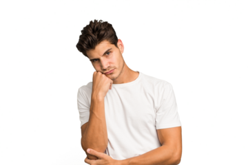 Young caucasian handsome man isolated tired of a repetitive task.