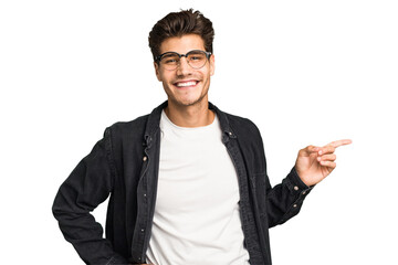 Young caucasian handsome man isolated smiling cheerfully pointing with forefinger away.