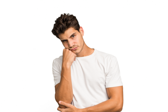 Young caucasian handsome man isolated tired of a repetitive task.