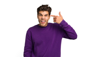 Young caucasian handsome man isolated showing a disappointment gesture with forefinger.