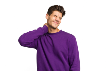Young caucasian handsome man isolated suffering neck pain due to sedentary lifestyle.