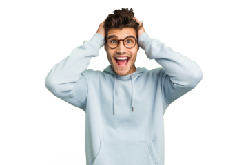 Young caucasian handsome man isolated screaming, very excited, passionate, satisfied with something.