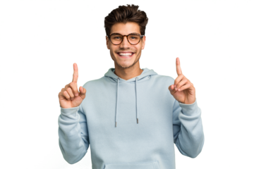 Young caucasian handsome man isolated indicates with both fore fingers up showing a blank space.