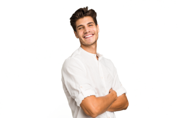 Young caucasian handsome man isolated happy, smiling and cheerful.