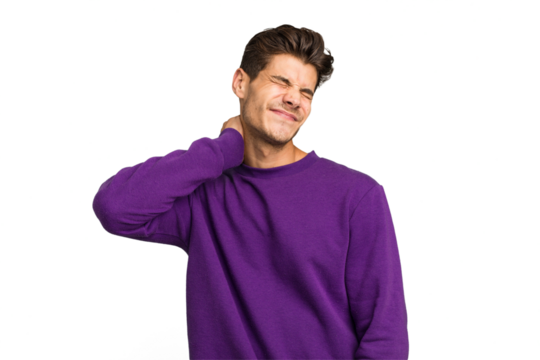 Young caucasian handsome man isolated suffering neck pain due to sedentary lifestyle.