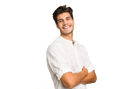 Young caucasian handsome man isolated happy, smiling and cheerful.