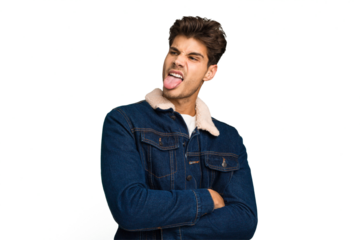 Young caucasian handsome man isolated funny and friendly sticking out tongue.