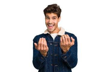 Young caucasian handsome man isolated pointing with finger at you as if inviting come closer.