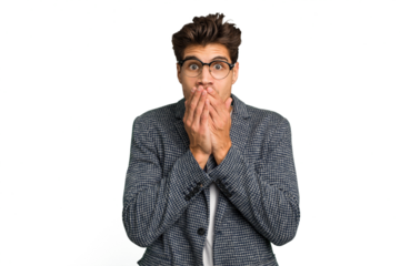 Young caucasian handsome man isolated covering mouth with hands looking worried.