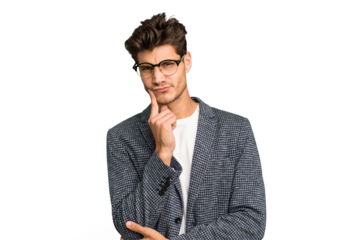 Young caucasian handsome man isolated contemplating, planning a strategy, thinking about the way of a business.